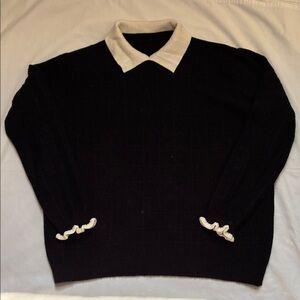 Black Knit Long Sleeve Sweater w/White Collar & Sleeve Cuffs